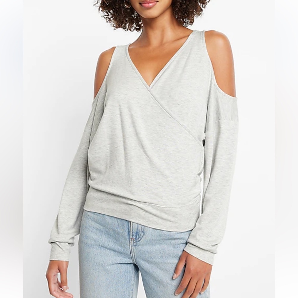 Express Light Gray Cold-Shoulder Wrap Top